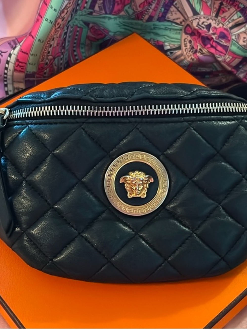 Versace Quilted Leather Crossbody Belt Bag in Dark Teal with Medusa Emblem - Picture 5 of 7